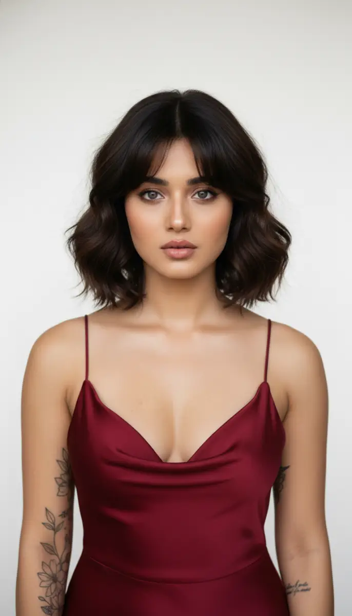 Elegant Portrait of a Woman in a Burgundy Satin Slip Dress