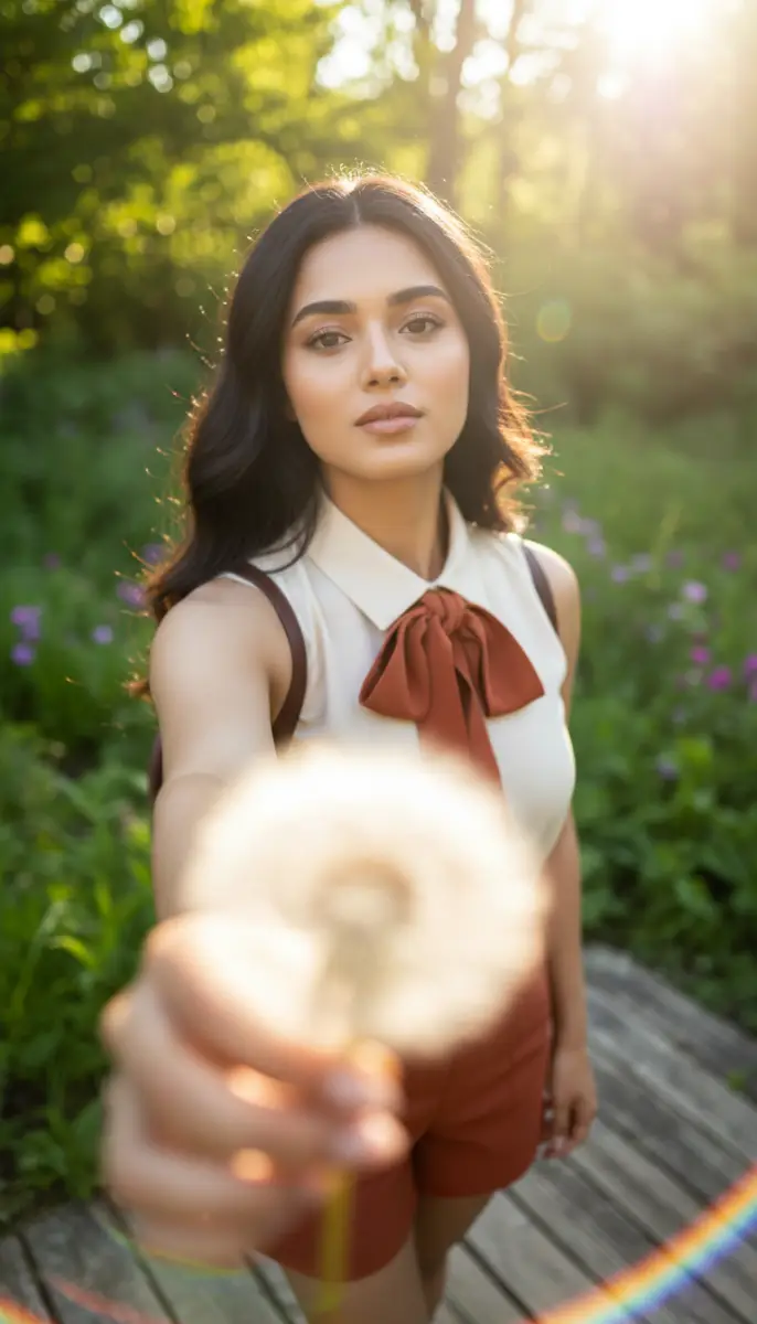 Dreamy Portrait of a Woman Holding a Dandelion in Golden Sunlight