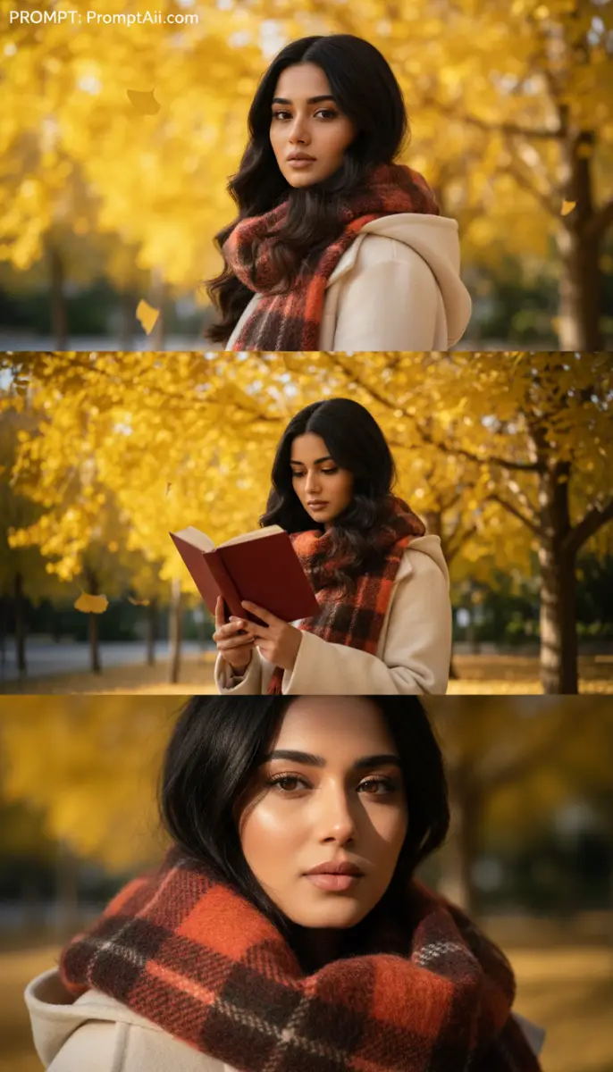 Autumn Woman in Golden Ginkgo Park Triptych