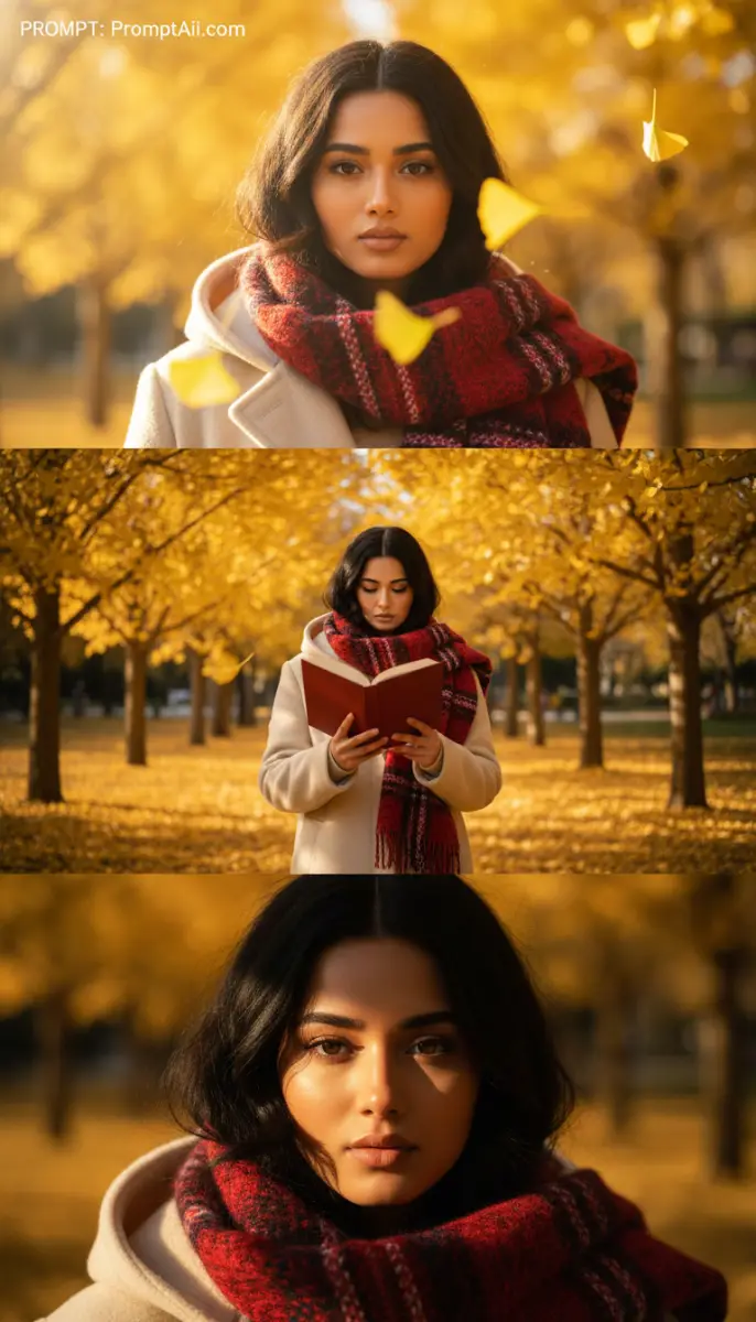 Autumn Portrait Triptych with Golden Ginkgo Leaves