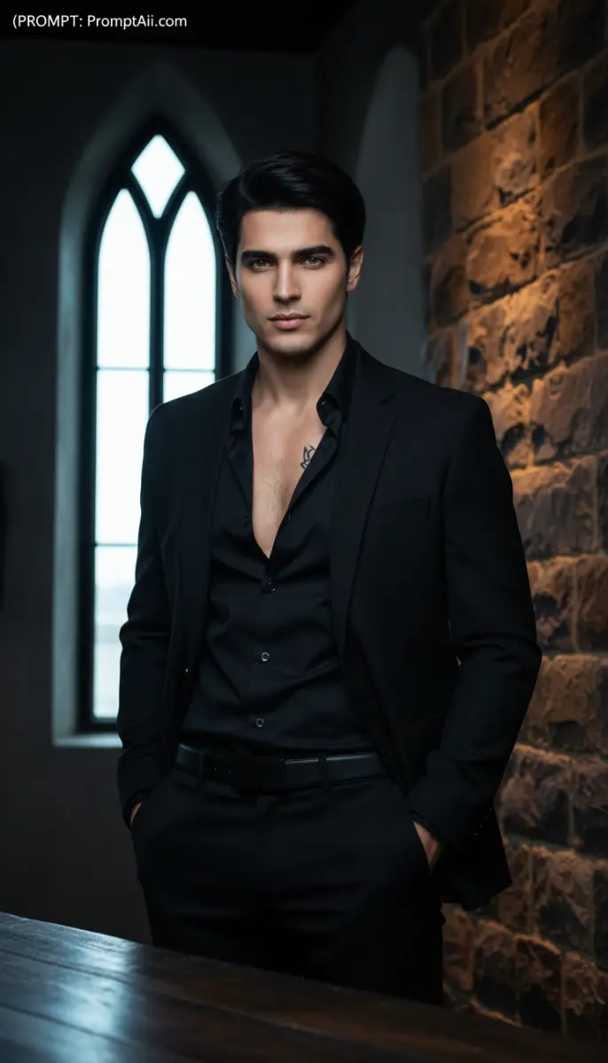 Handsome Man in Black Suit in Gothic Interior
