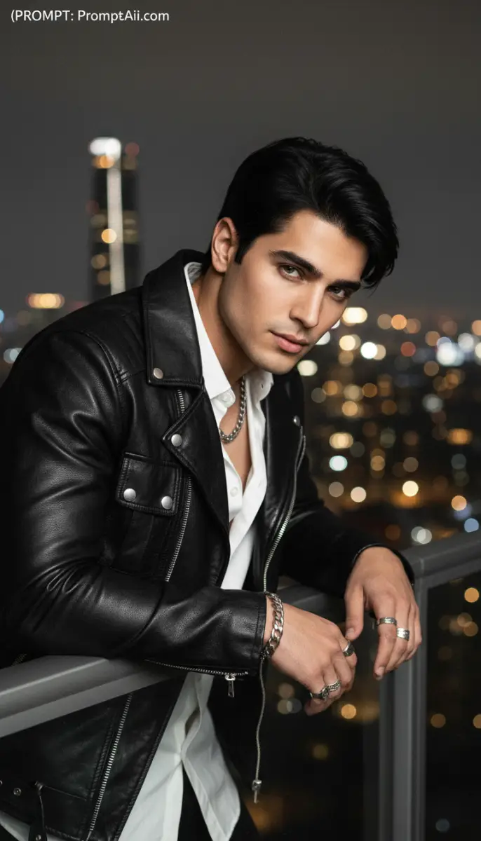 Edgy Male Portrait in Leather Jacket against City Lights