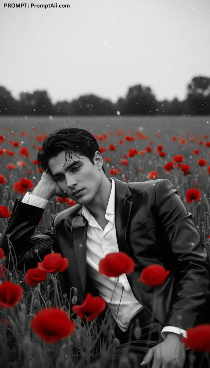 Black Suit and Red Poppies in the Rain