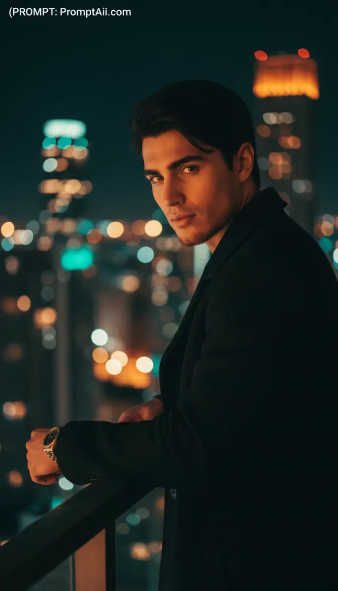 Urban Elegance: Portrait Against City Night Lights