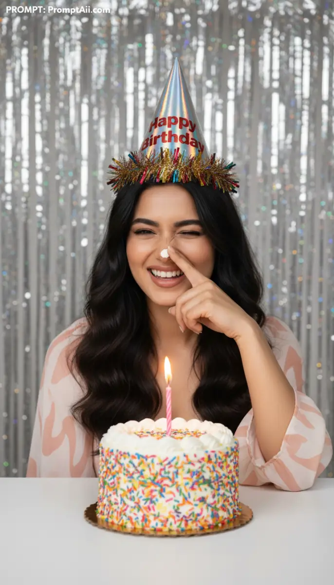 Happy Birthday Celebration with Playful Woman and Cake