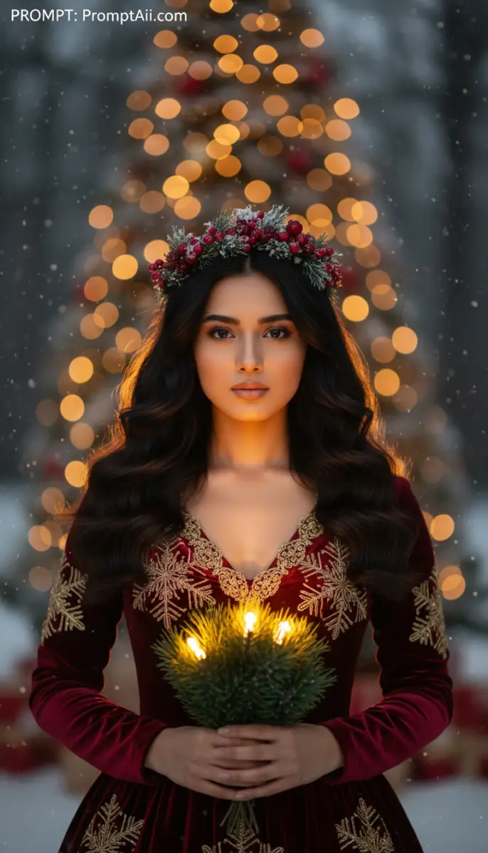 Winter Princess in Red Velvet Holding Fairy Lights