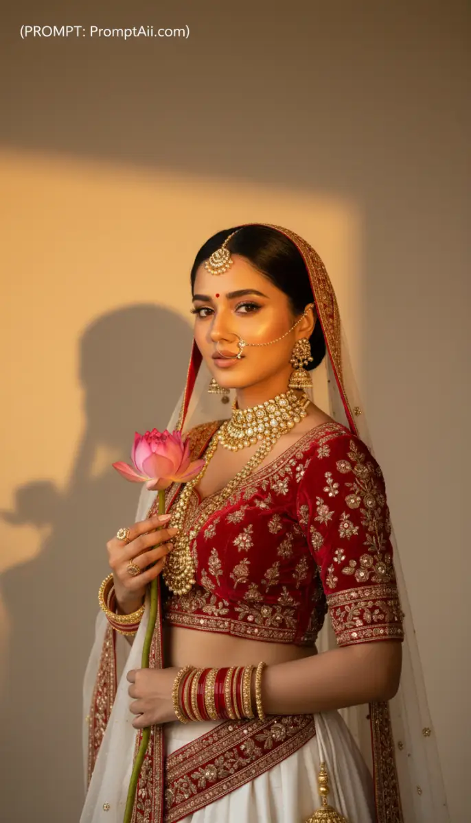 Radiant Indian Bride in Red and White Lehenga with Lotus