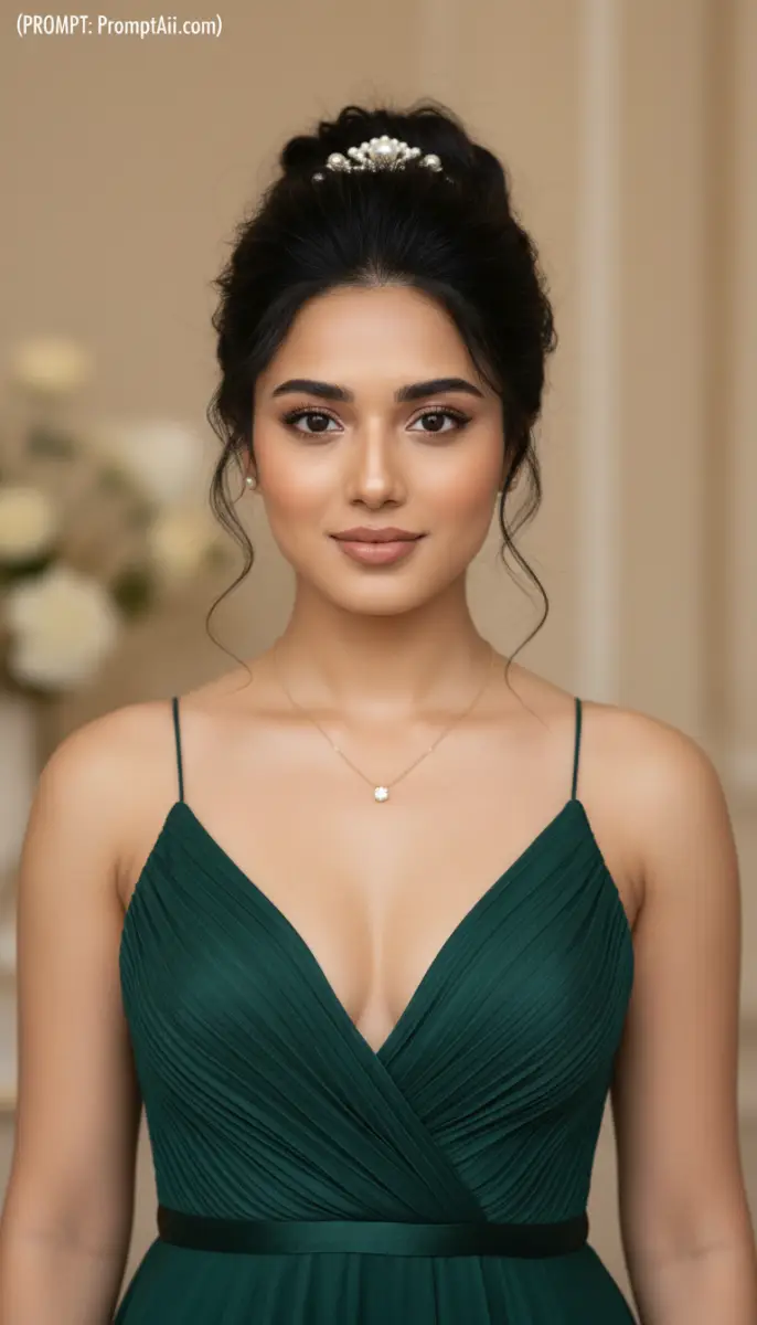 Portrait of an Elegant Woman in a Pleated Emerald Green Gown