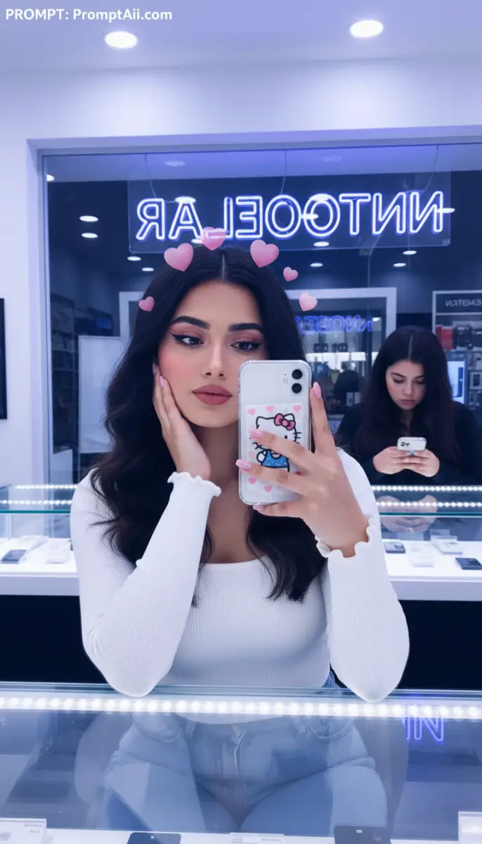 Aesthetic Selfie with Hello Kitty Phone Case and Neon Lights