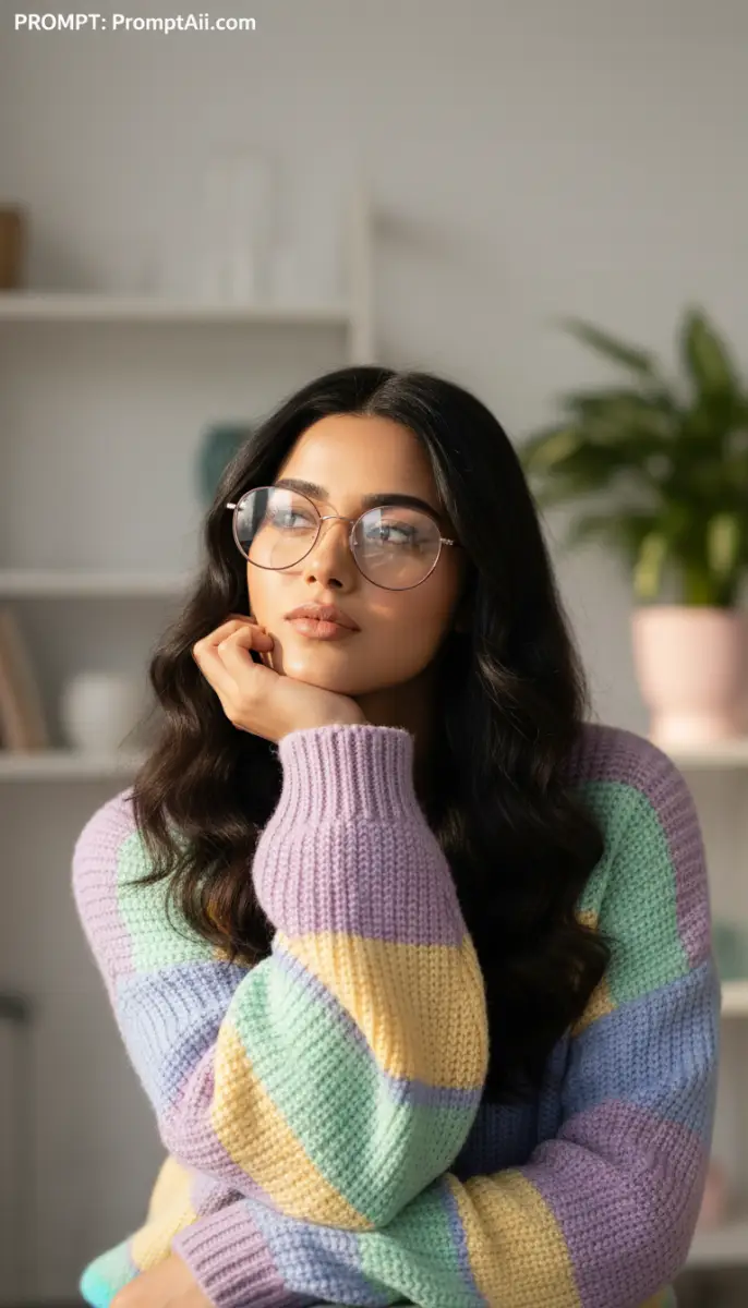 Portrait of Pensive Woman in Pastel Striped Sweater and Round Glasses