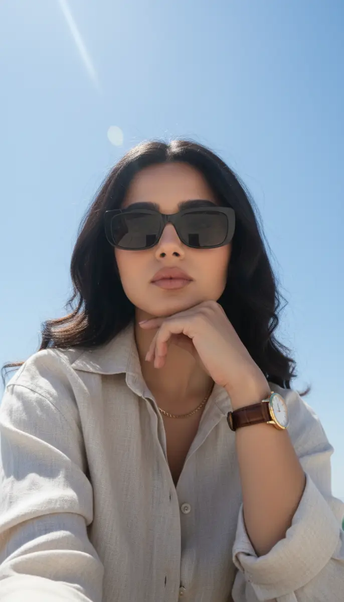 Chic Outdoor Portrait of Woman Wearing Black Sunglasses and Linen Shirt