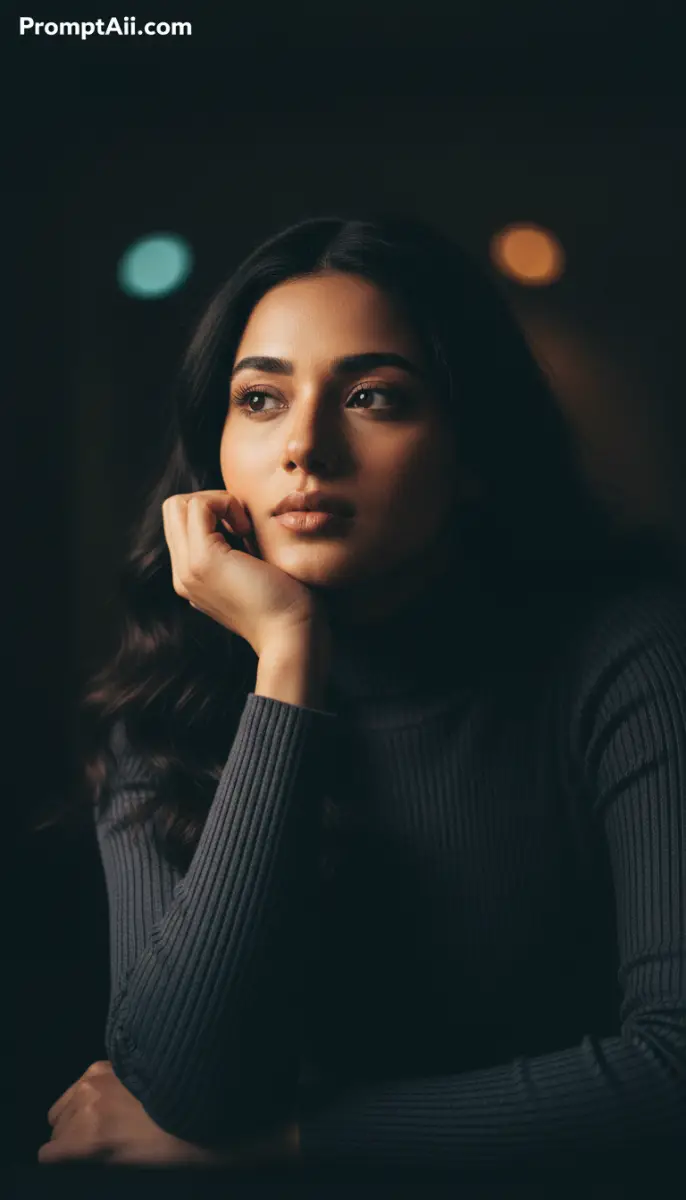 Cinematic Portrait of a Pensive Woman in Low Light