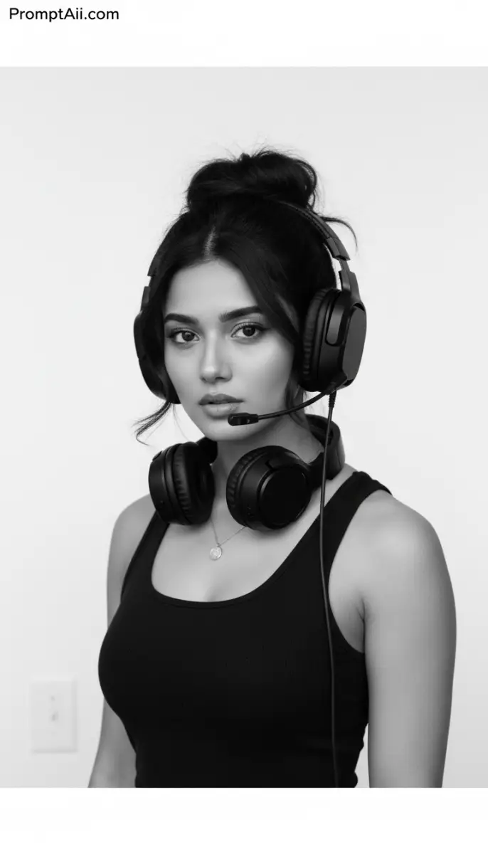 Monochrome Portrait of a Female Gamer or Streamer with Gaming Headset