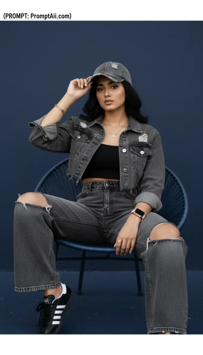 Street Style Fashion: Woman in Ripped Charcoal Denim and Baseball Cap