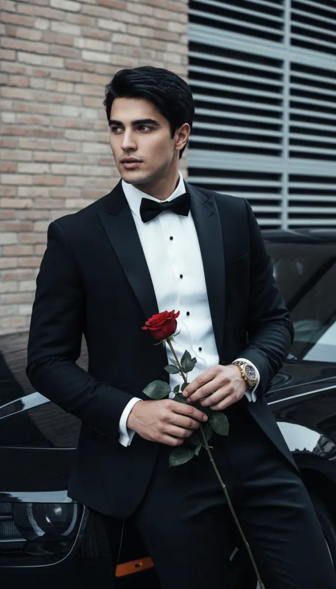 Elegant Man in Tuxedo Holding a Red Rose