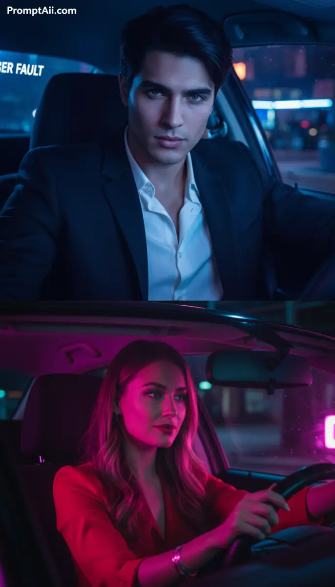 Cinematic Night Drive: Dual Portraits in Neon Light