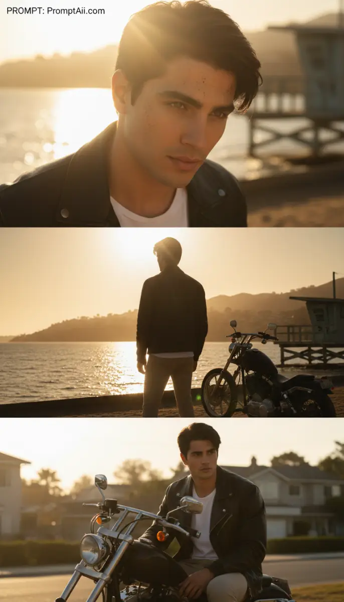 Golden Hour Rider: Triptych of a Man and his Motorcycle