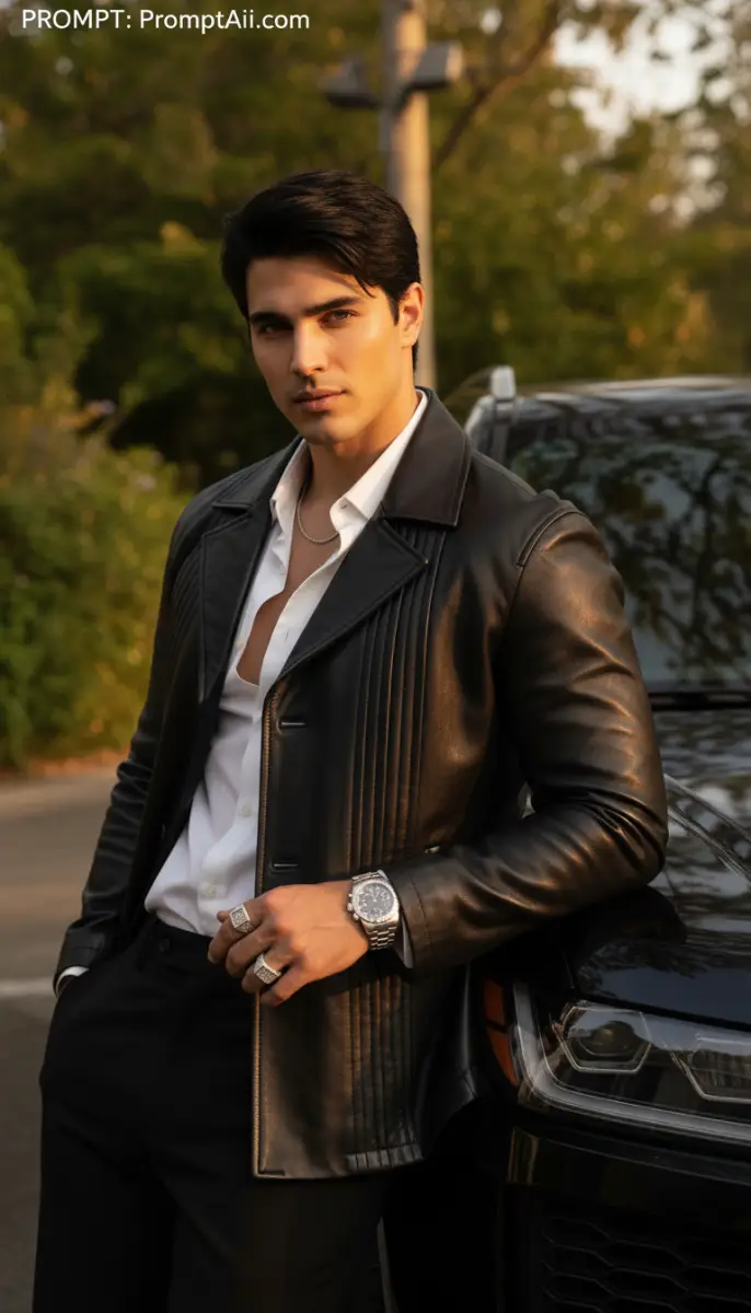Confident Style: Man in Leather Jacket Leaning on Black SUV