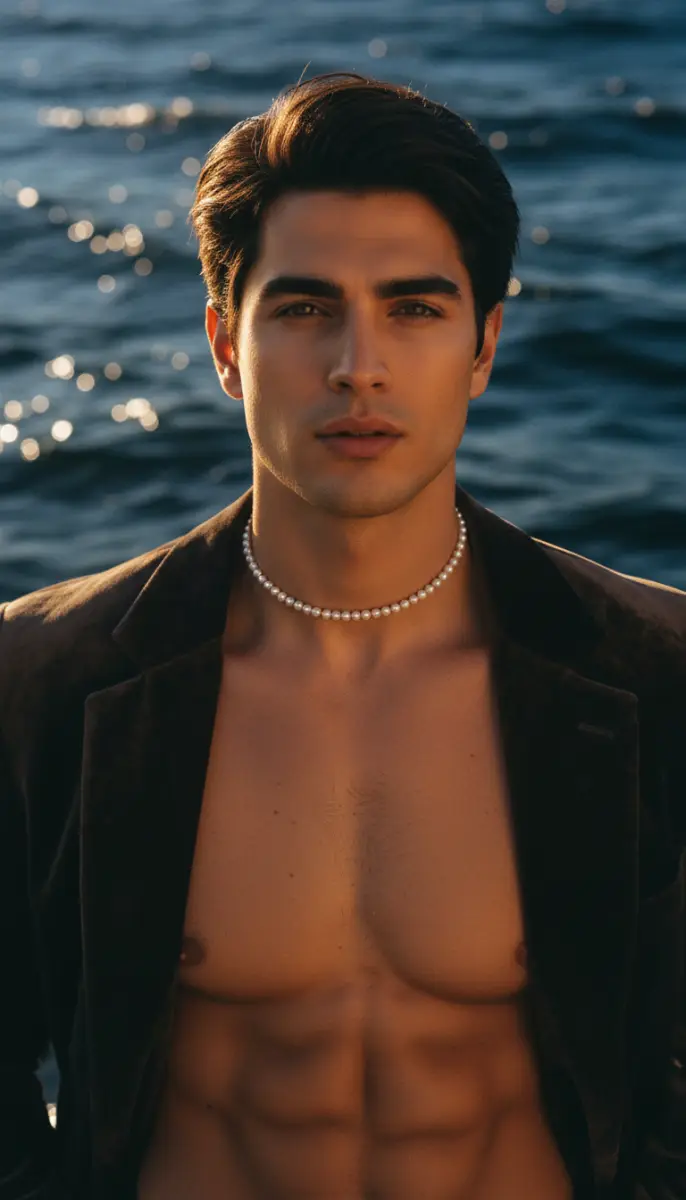 Portrait of a Man Wearing Pearls and a Velvet Blazer