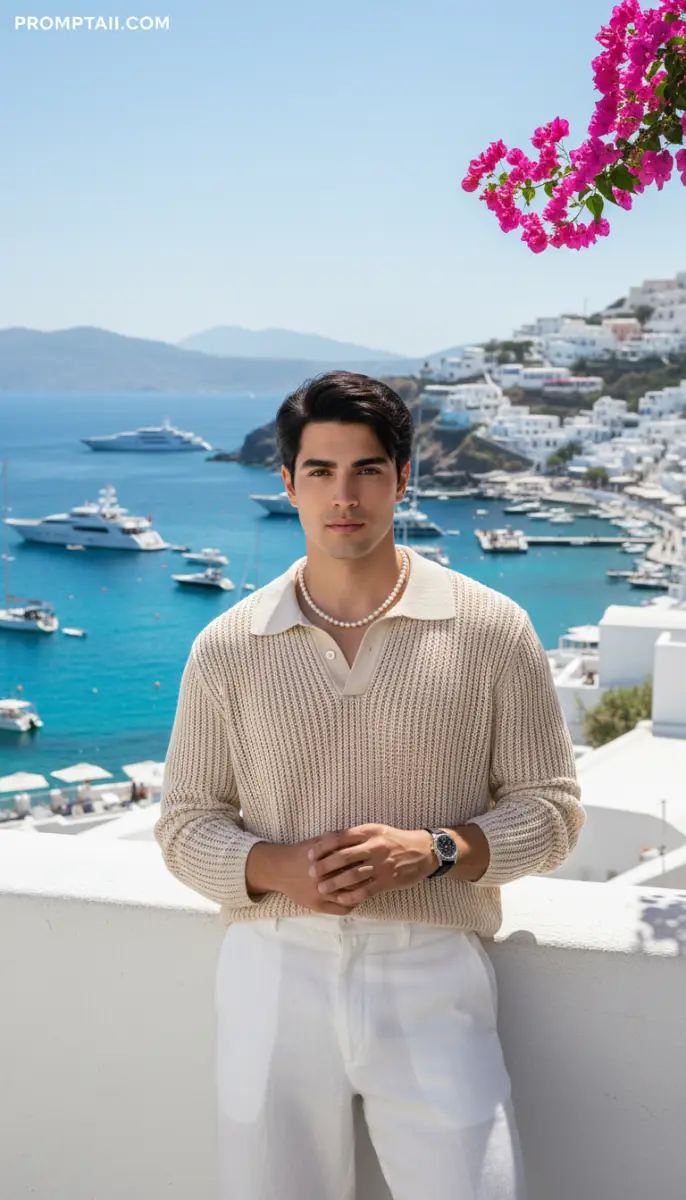 Mediterranean Style: Man in Knit Polo and Pearls