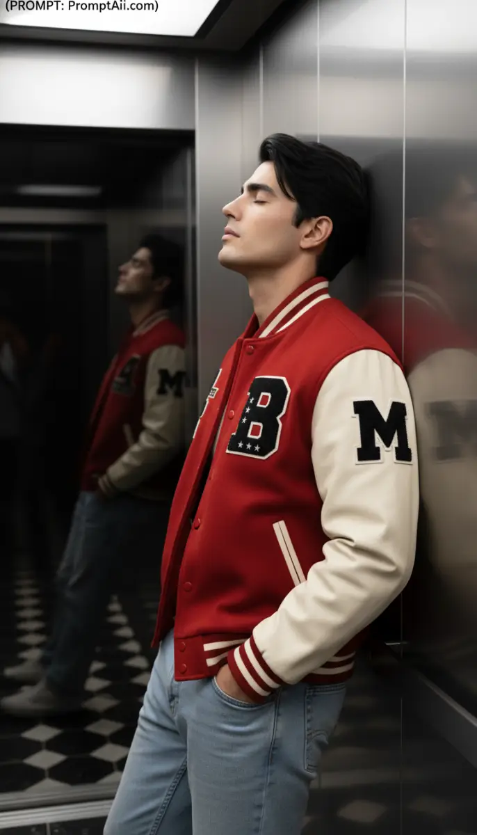 Young Man in Red Varsity Jacket Posing in Elevator