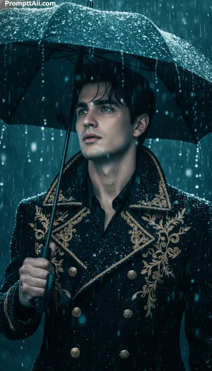 Dramatic Portrait of a Man in Ornate Coat and Rain