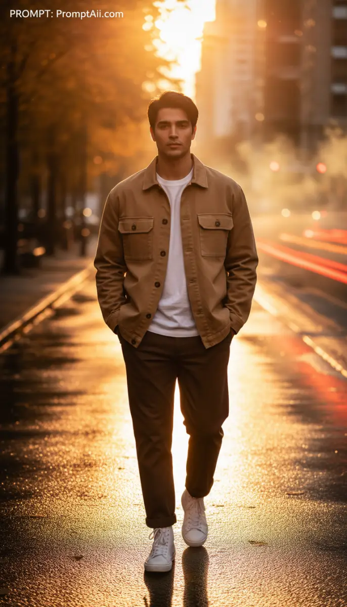 Golden Hour Street Walk: Stylish Man in a Backlit Urban Setting