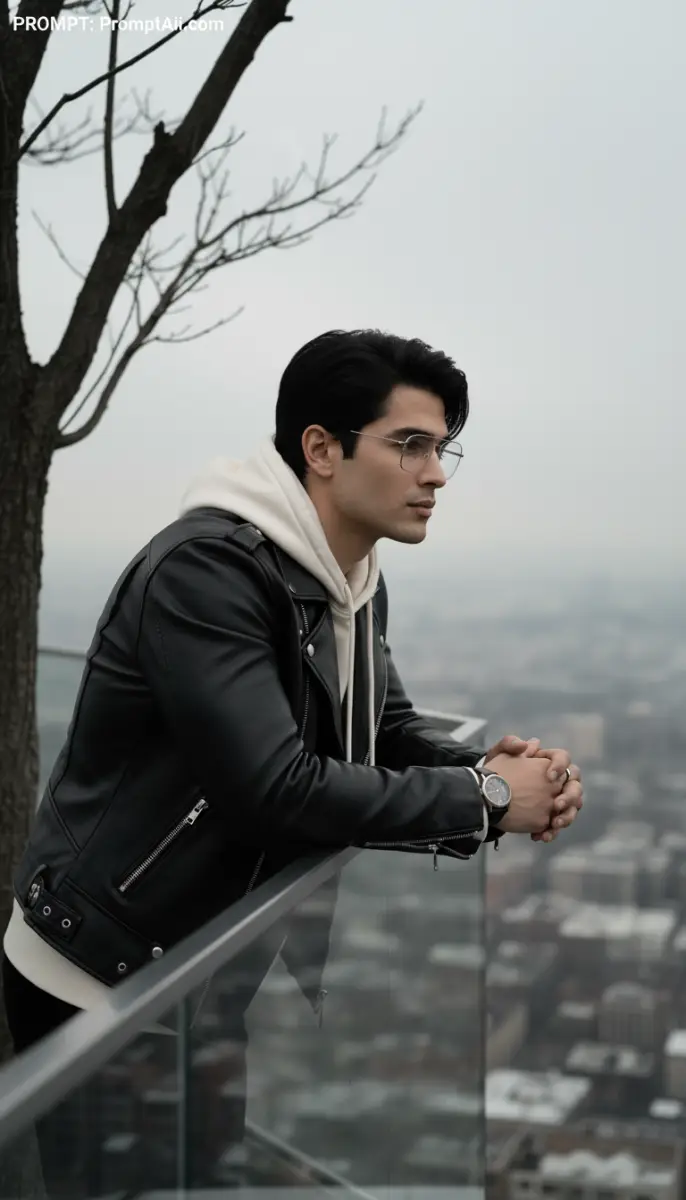 Pensive Man in Leather Jacket and Hoodie Overlooking Cityscape