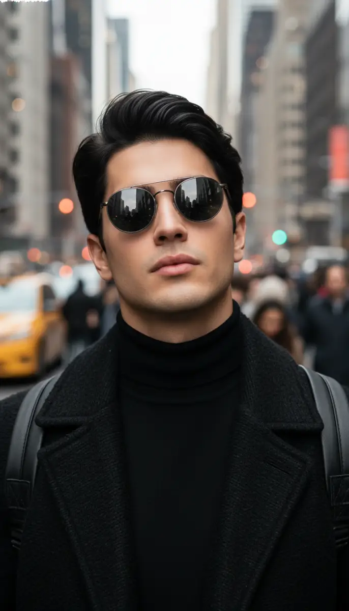 Urban Chic: Man in Black Turtleneck and Mirrored Sunglasses