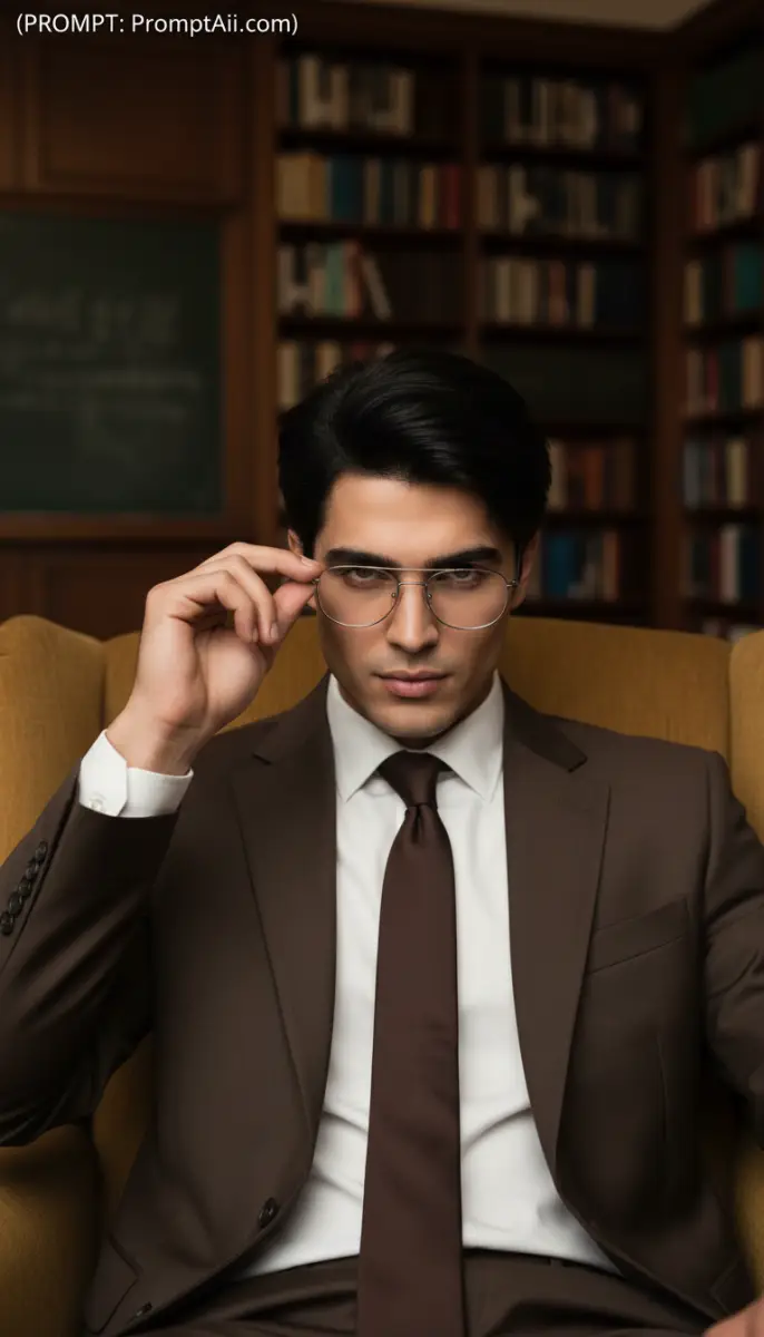 Sophisticated Man in a Brown Suit Adjusting Glasses