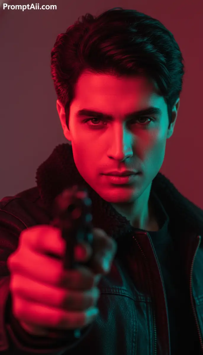 Intense Neo-Noir Portrait of Man with Gun