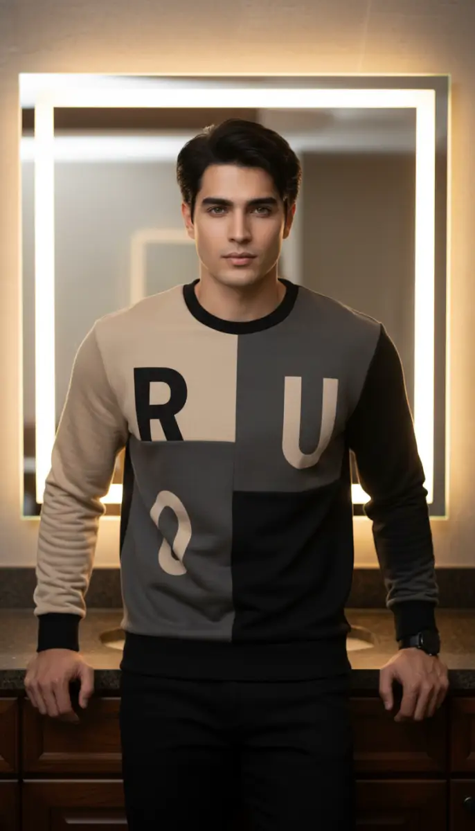 Stylish Man in Color-Block Sweatshirt Posing by Backlit Mirror