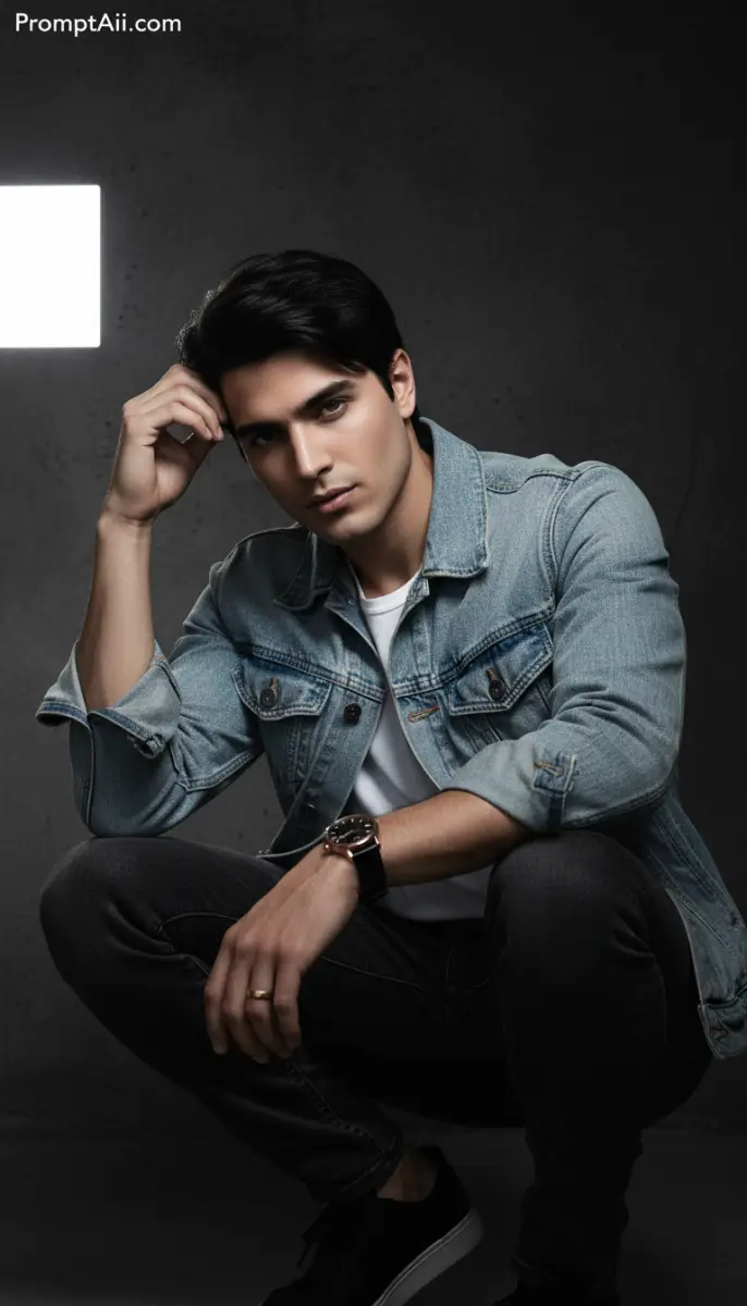 Intense Studio Portrait of Man in Denim Jacket and Dark Jeans