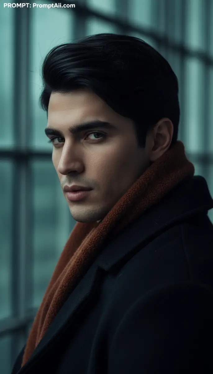 Intense Portrait of a Man in a Black Overcoat and Brown Scarf