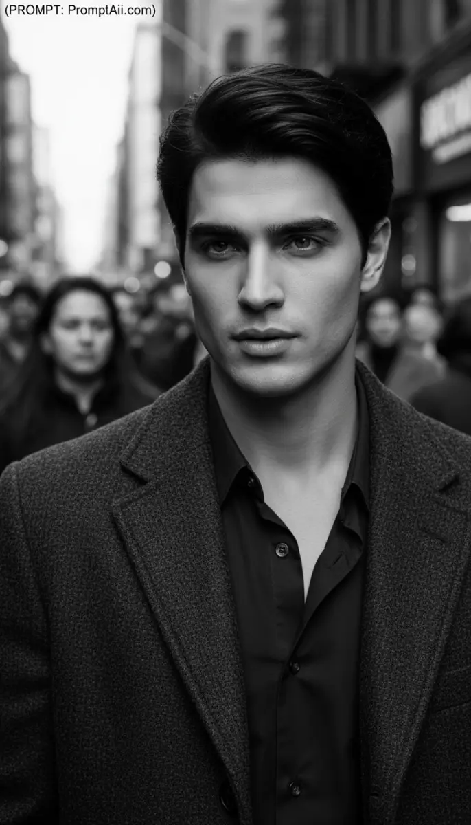Intense Monochromatic Portrait of a Man in a City Crowd