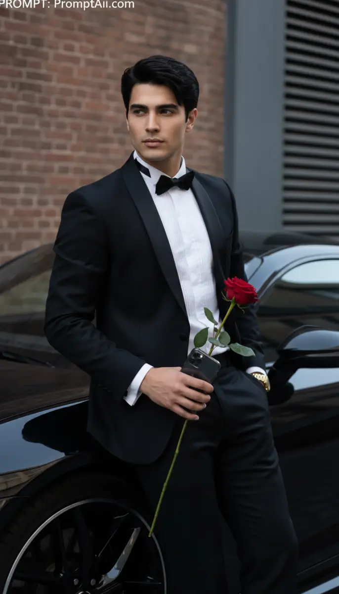 Sophisticated Man in Tuxedo with Red Rose and Luxury Car