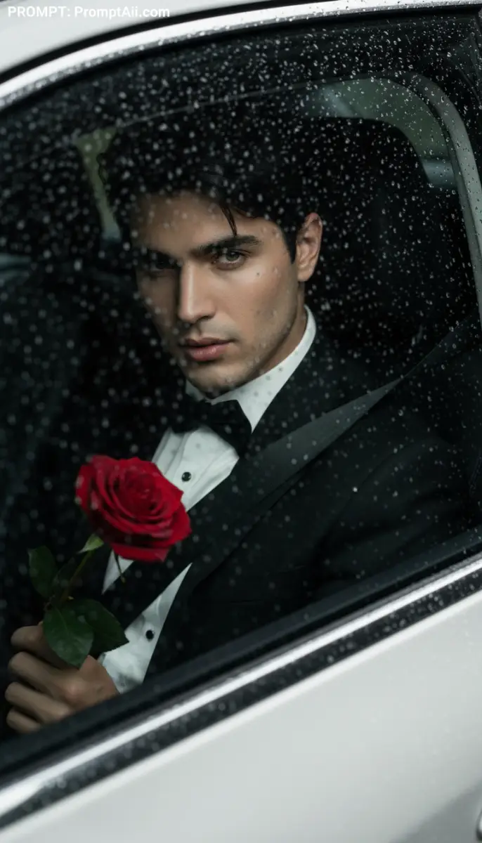 Sophisticated Gentleman with Rose in Rainy Car