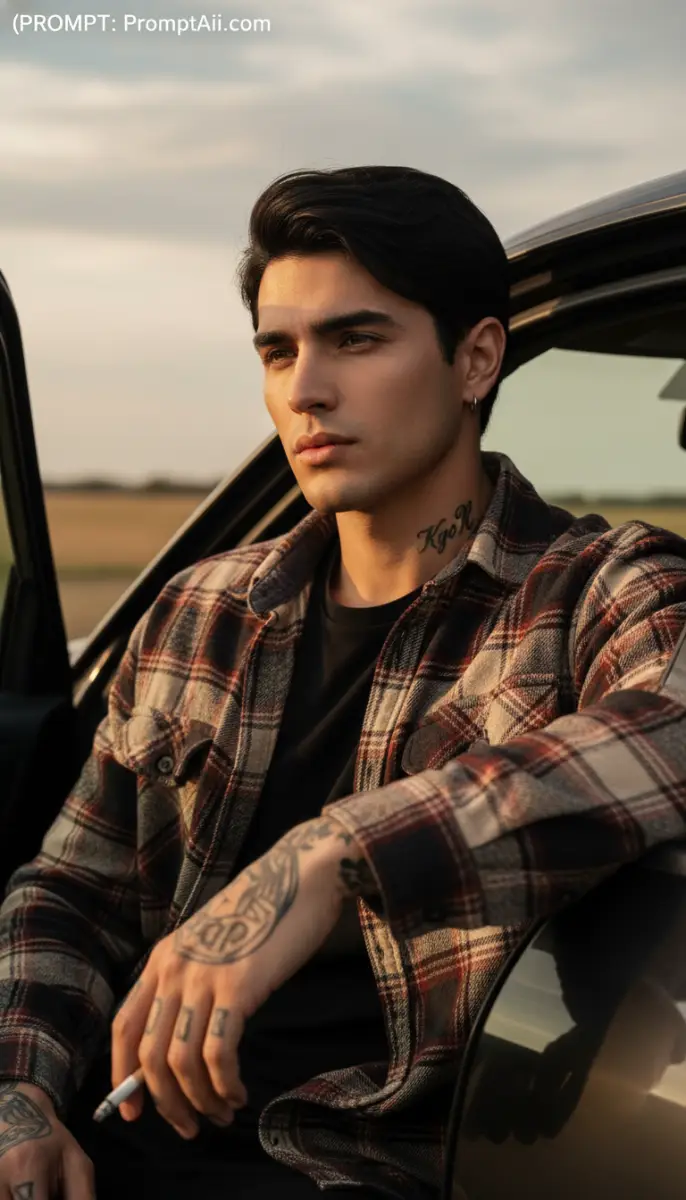 Tattooed Man in Flannel at Golden Hour