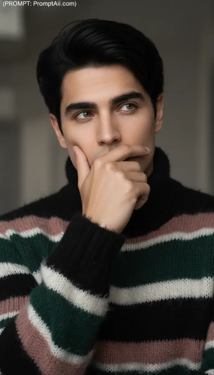 Pensive Portrait of a Young Man in Striped Knit Turtleneck
