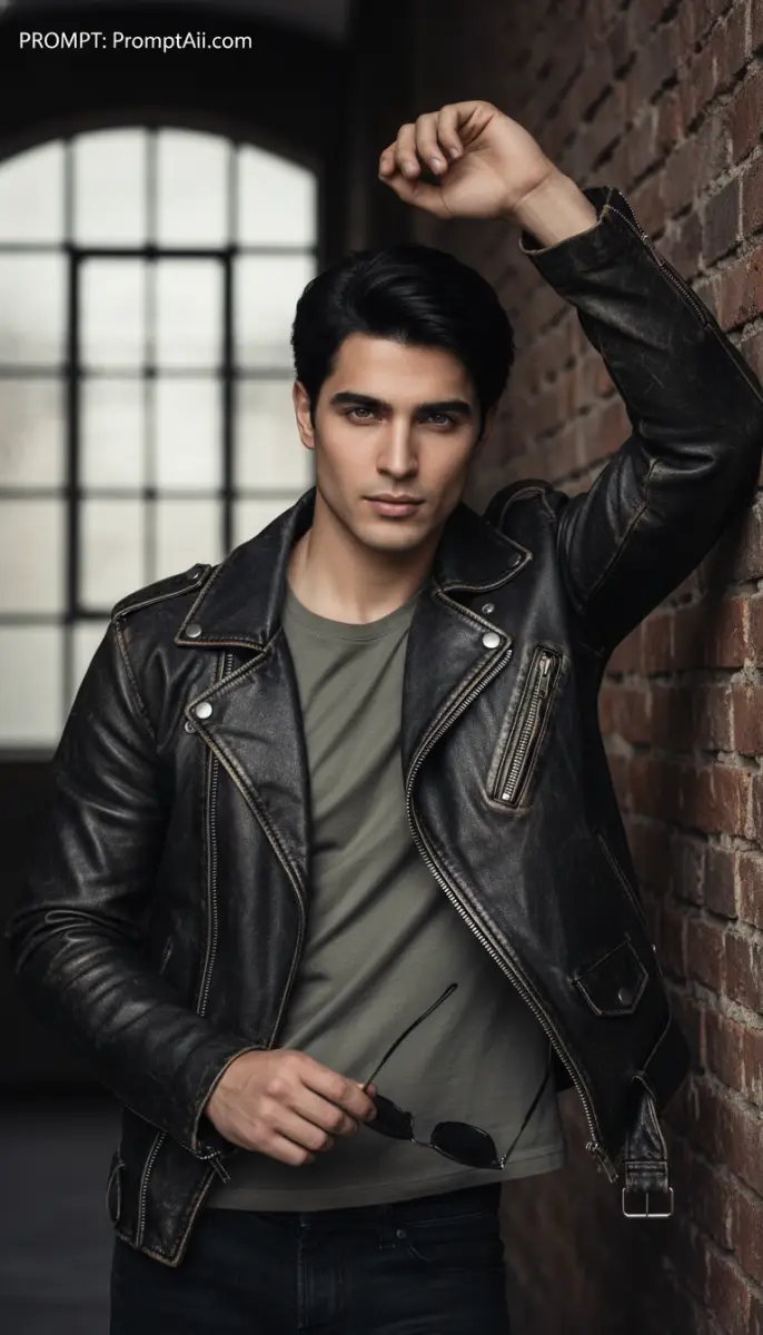 Handsome Man in Distressed Leather Biker Jacket