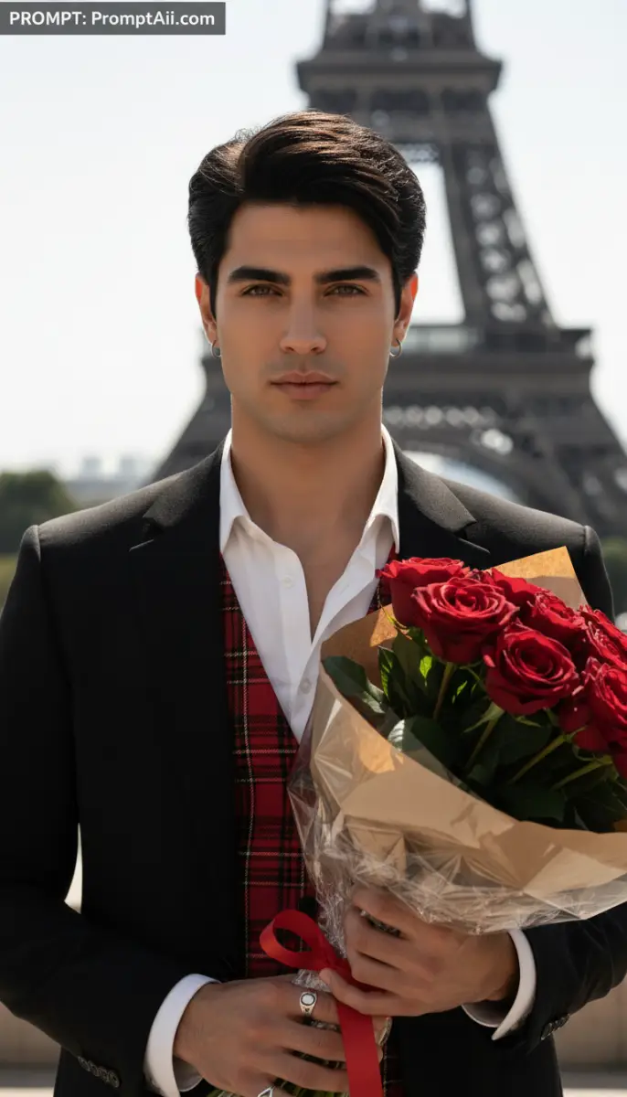 Parisian Romance: Handsome Man in Suit Holding Red Roses