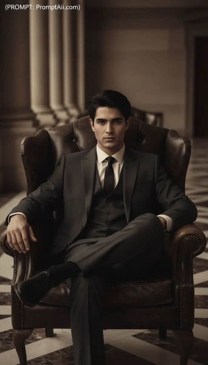 Distinguished Gentleman in Charcoal Suit Seated in Stately Hall