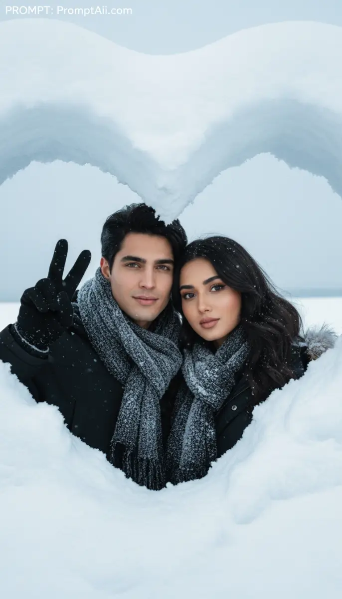 Romantic Couple Framed by Snow Heart in Winter