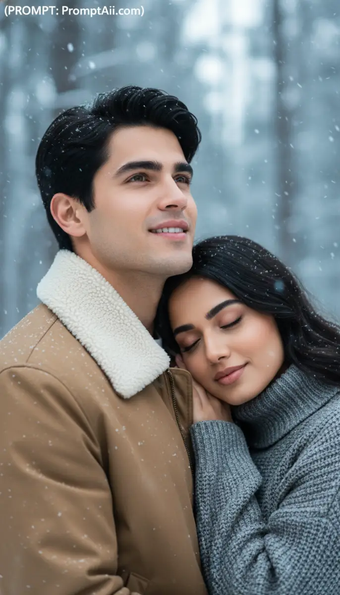 Romantic Couple Embracing Outdoors in Winter Snowfall