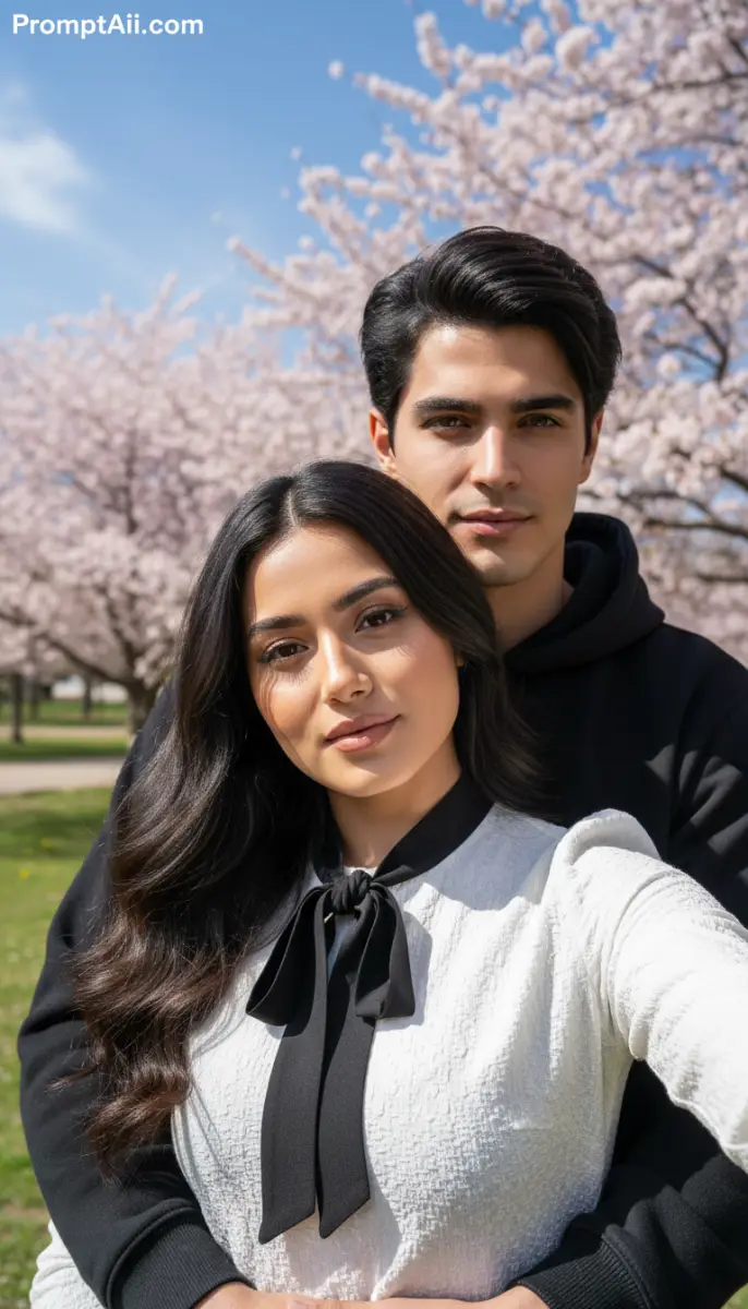 Romantic Couple Selfie in Cherry Blossom Park