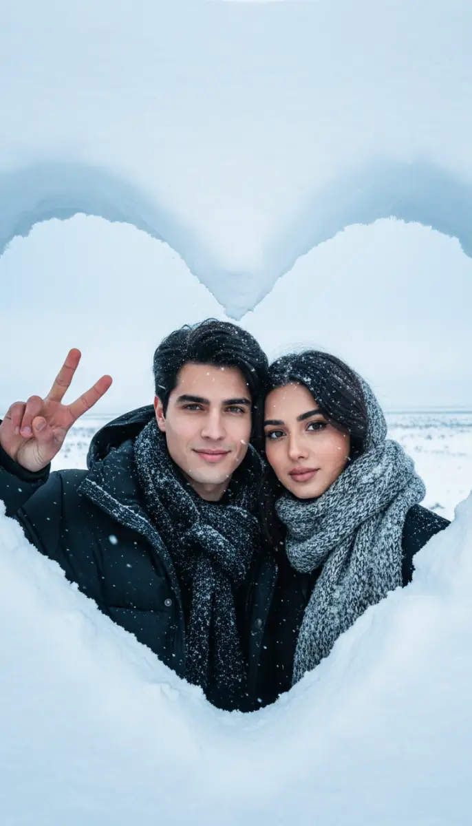 Romantic Couple Framed by a Snow Heart