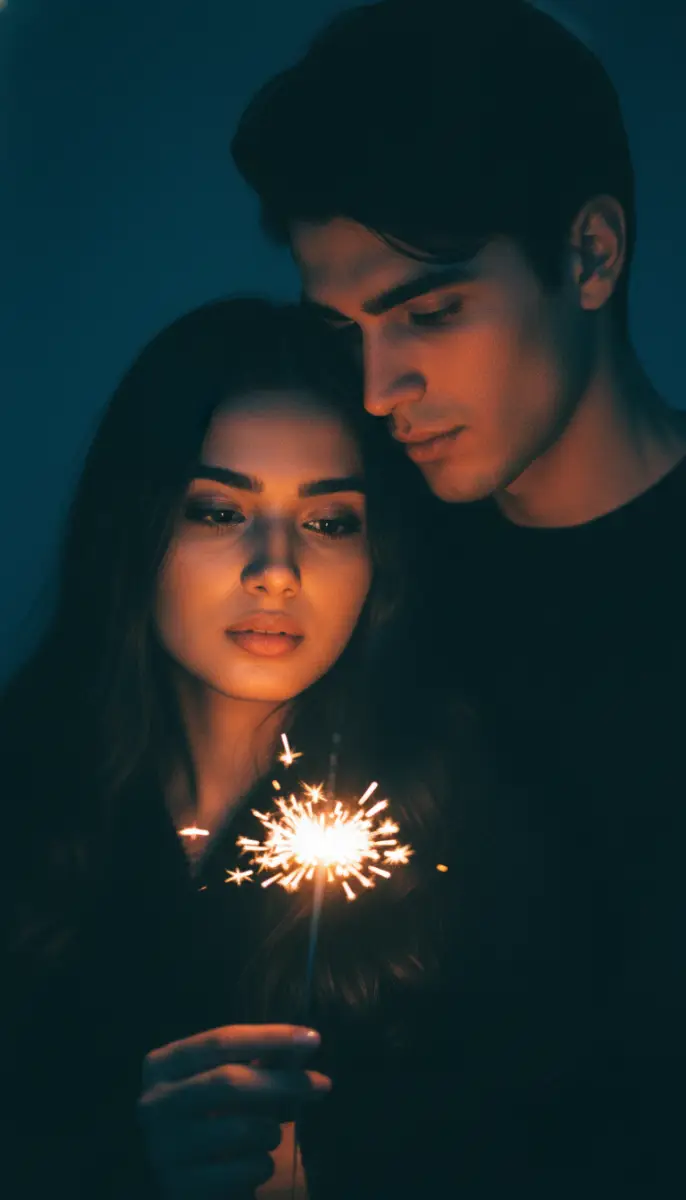 Couple Illuminated by Sparkler Light