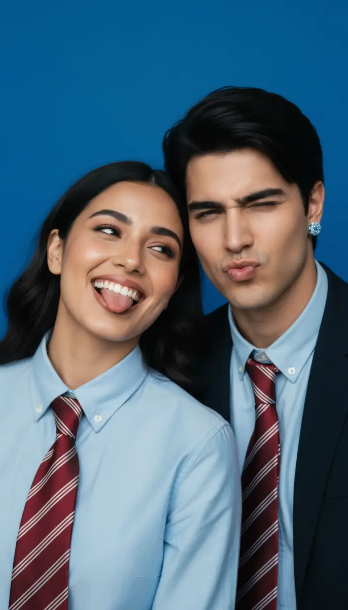 Playful Young Couple Making Funny Faces in School Uniforms