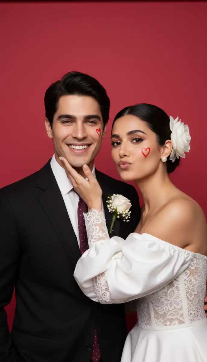 Romantic Wedding Portrait of Couple with Painted Hearts