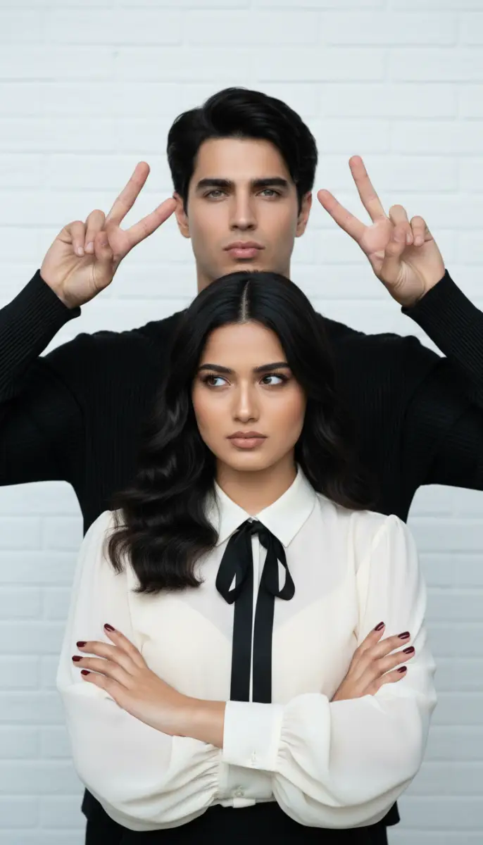 Couple Portrait: Man Making Peace Signs Behind Serious Woman